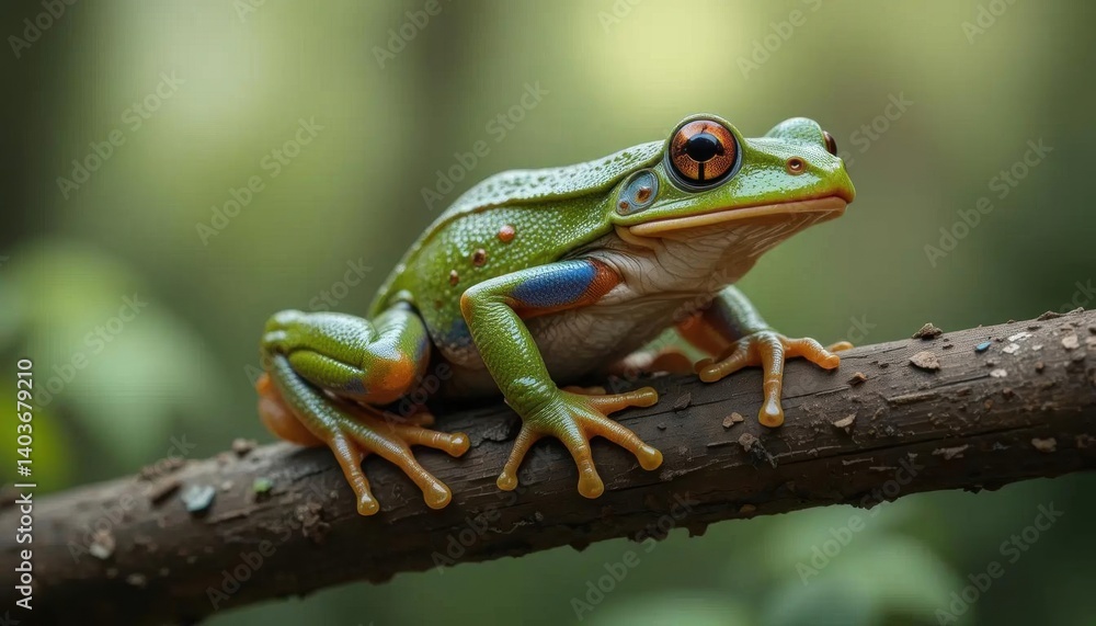 Vibrant Green Tree Frog Perched on Dark Branch, Close-Up Vibrant Green Tree Frog Perched on Dark Branch, Close-Up