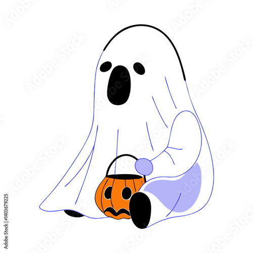 A cute little ghost sits patiently with its Halloween pumpkin treat bucket, showcasing a charmingly spooky spirit in a simple, minimalist design.