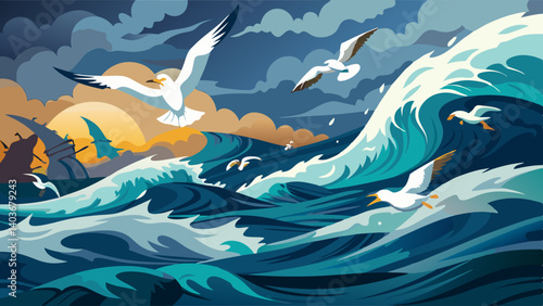 A group of seagulls flying over a large wave in the ocean. The birds are scattered throughout the scene, with some flying closer to the water and others flying higher in the sky