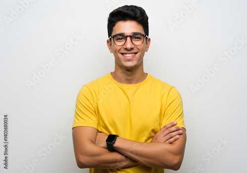 Young hispanic man wearing yellow shirt and glasses, looking at camera with positive confident smile, holding arms crossed, isolated on white background. Generative AI