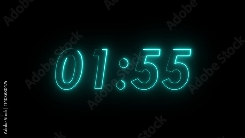 Neon Two Minute Digital Timer. 2 Minute Digital Negative Countdown. seconds on transparent background 120 second countdown timer, Countdown video with alpha channel.