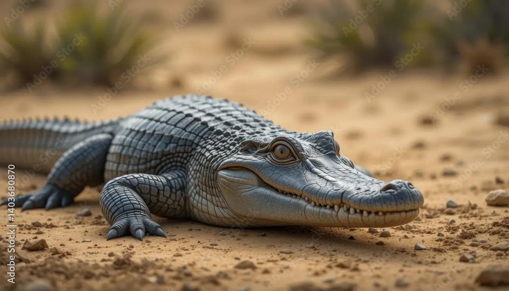 Fototapeta premium Grey Alligator Basking on Sandy Dune, Close-Up