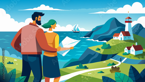 A man and woman are looking at a map while standing on a beach. The man is wearing a red shirt and the woman is wearing a green shirt. The beach is near a lighthouse