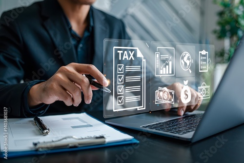 E-tax, Businessman show TAX for Individual income tax return form online for tax payment concept. Government, state taxes. Data analysis, paperwork, financial research, report. Calculation tax return