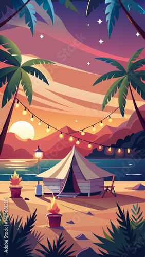 A painting of a beach scene with a tent and a campfire. The mood of the painting is relaxed and peaceful