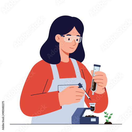 Scientist conducting experiments with test tubes in flat vector art style