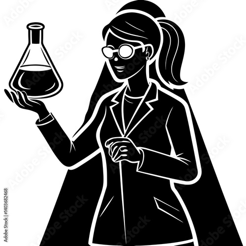 A silhouette of a woman chemist in the lab, wearing protective glasses, and holding a beaker filled with a glowing substance