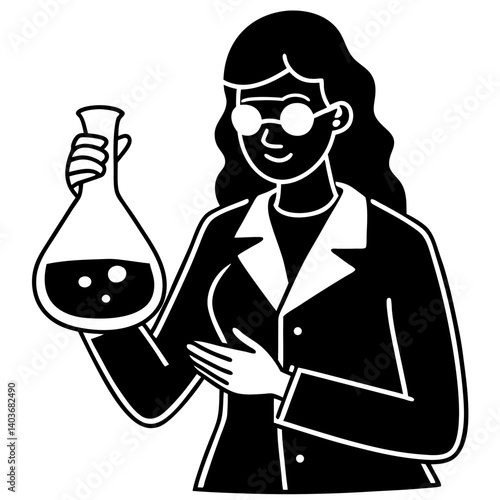 A silhouette of a woman chemist in the lab, wearing protective glasses, and holding a beaker filled with a glowing substance