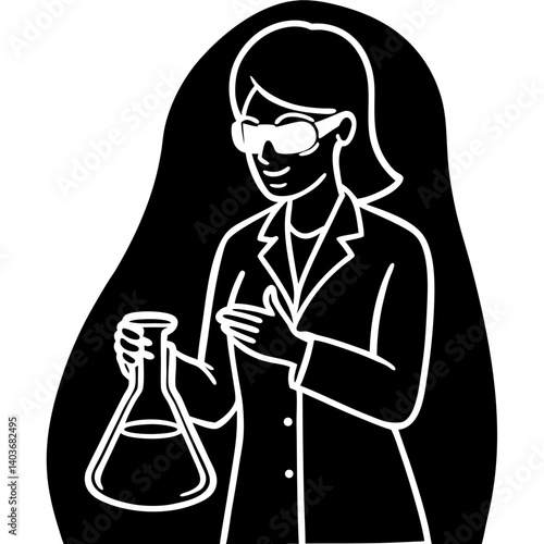 A silhouette of a woman chemist in the lab, wearing protective glasses, and holding a beaker filled with a glowing substance