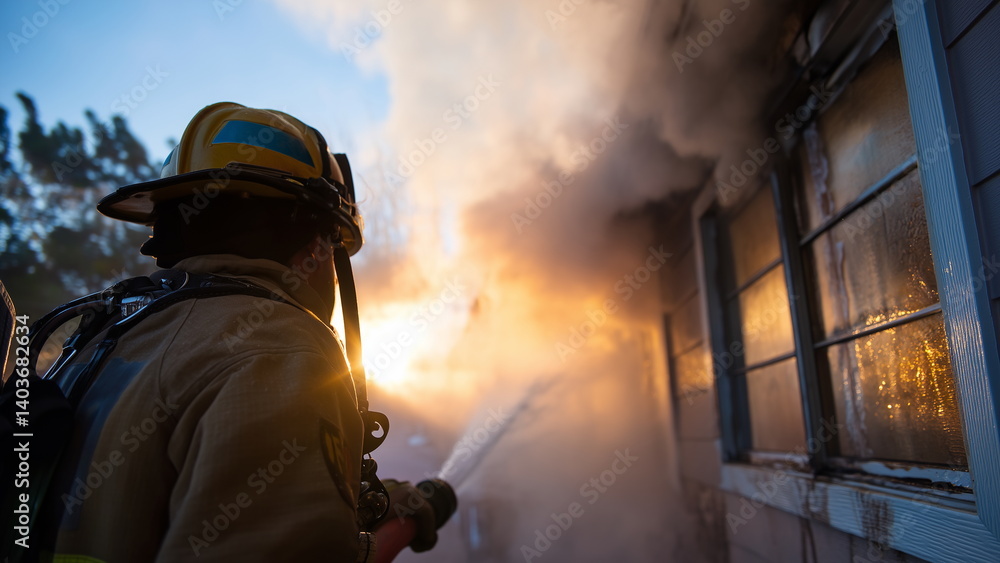 Fototapeta premium A brave firefighter battles a raging house fire, wielding a hose to douse water at the flames while thick smoke billows from the windows.