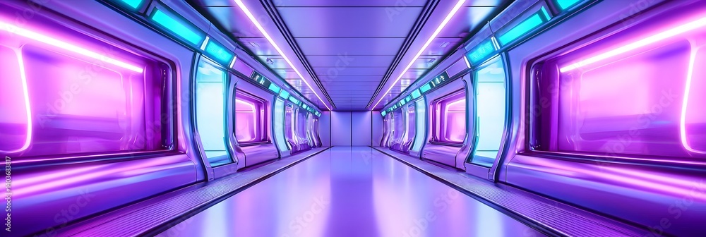 Obraz premium A long, empty, brightly lit room with purple walls