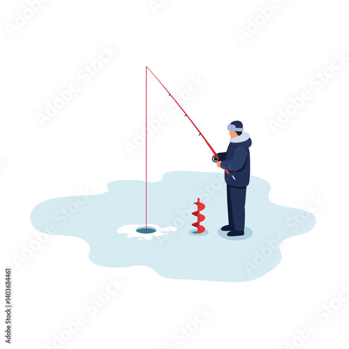 Fisherman engaged in ice fishing with minimal design elements in vector art