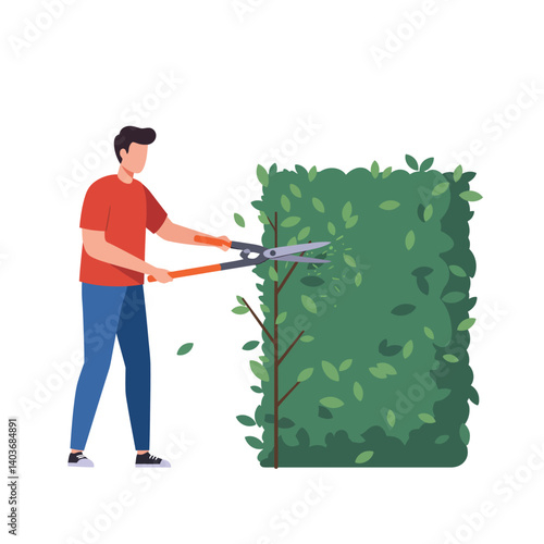 Man trimming bush with scissors in flat design vector art