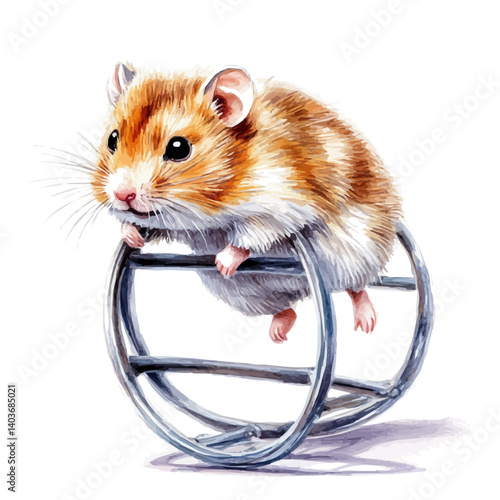 watercolor of Hamster Running On A Wheel, vector, isolated on a white background.