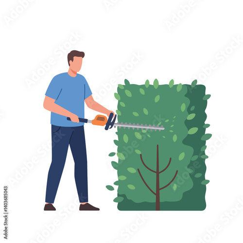 Man trimming hedge with electric trimmer in flat vector art style