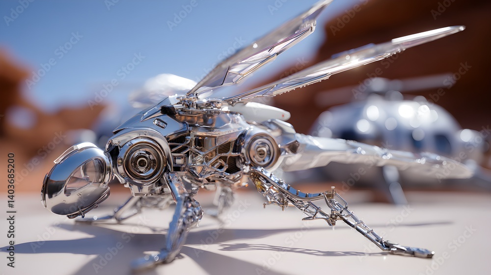 Fototapeta premium A silver robot insect is on a table