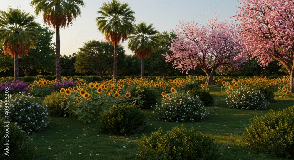 Blooming Garden with Sunflowers Palm Trees and Pink Cherry Blossoms Blooming Garden with Sunflowers Palm Trees and Pink Cherry Blossoms