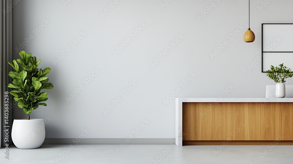 Minimalist Interior Design with Fiddle Leaf Fig Tree, Wooden Cabinet, Decorative Lamp, and Artwork on a Light Wall. Minimalist Interior Design with Fiddle Leaf Fig Tree, Wooden Cabinet, Decorative Lamp, and Artwork on a Light Wall.