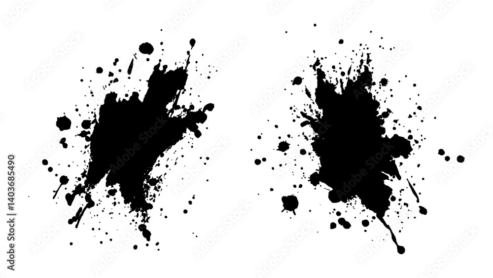 Obraz premium Abstract black paint splatter on white background. Stylish, grunge with a rough, worn look in dust and scratches on a white background. Brush strokes, stain grunge isolated on white background,