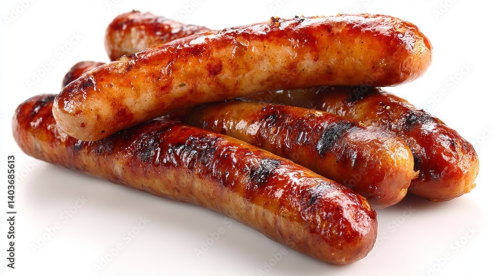 Grilled Sausages Stacked Deliciously on a White Background Ready to Eat Grilled Sausages Stacked Deliciously on a White Background Ready to Eat