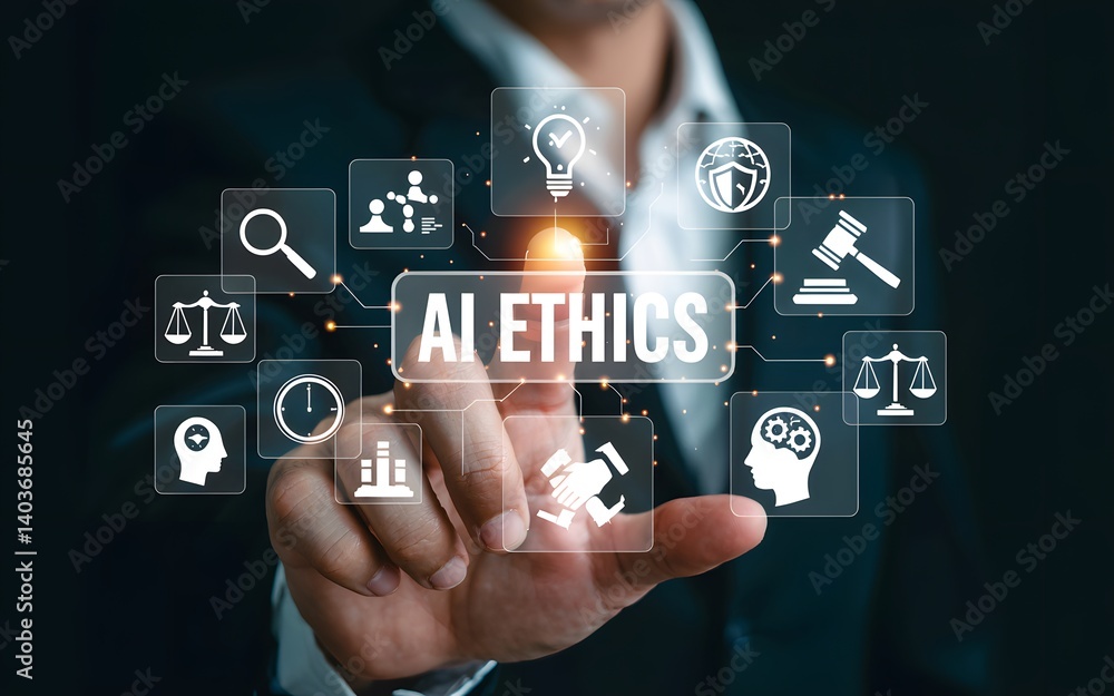 Artificial Intelligence Ethics Concept with Futuristic Digital Interface Artificial Intelligence Ethics Concept with Futuristic Digital Interface