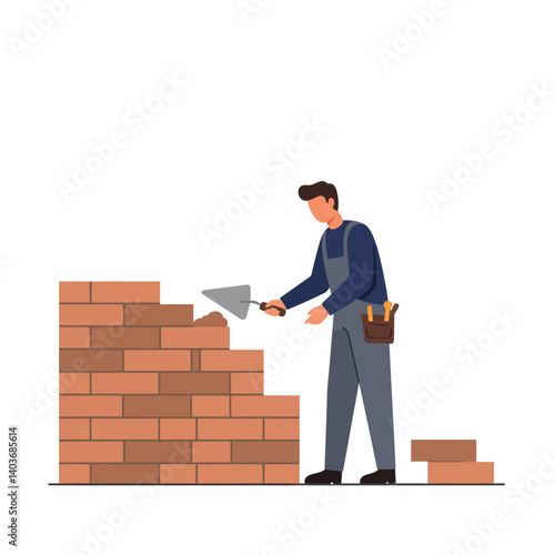 Construction worker building a brick wall in flat vector art style vector illustration