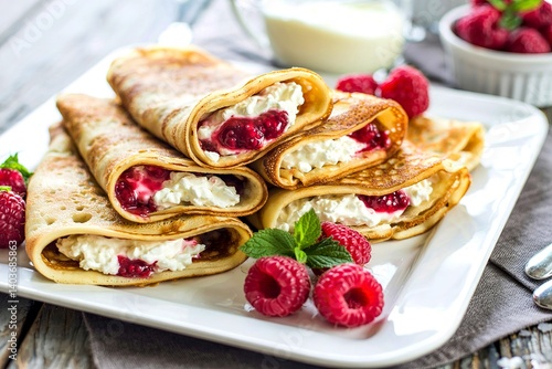 Crepes filled with cottage cheese and raspberry for breakfast