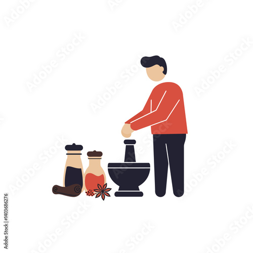 Person grinding spices in a mortar with jars in minimal vector art