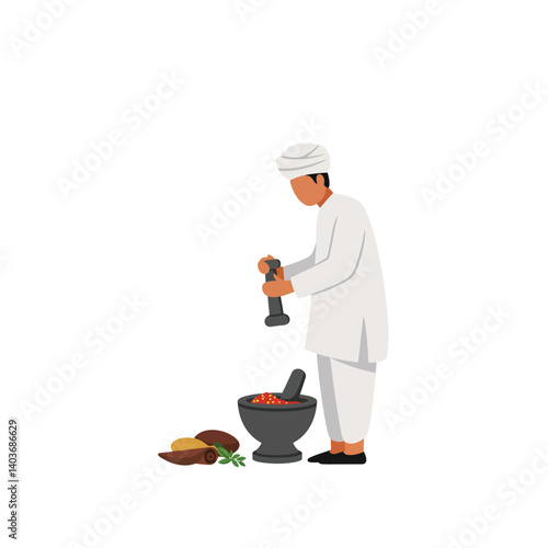 Chef grinding spices in traditional attire with flat design vector art
