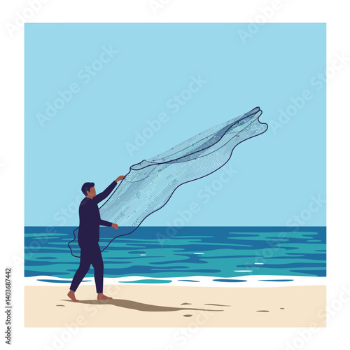 Fisherman casting net at the beach in minimal flat vector art