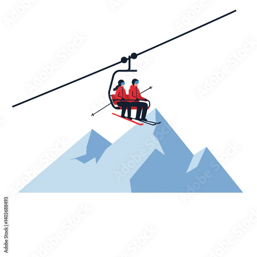 Skiers on a Chairlift Above Snowy Mountains in Flat Vector Art