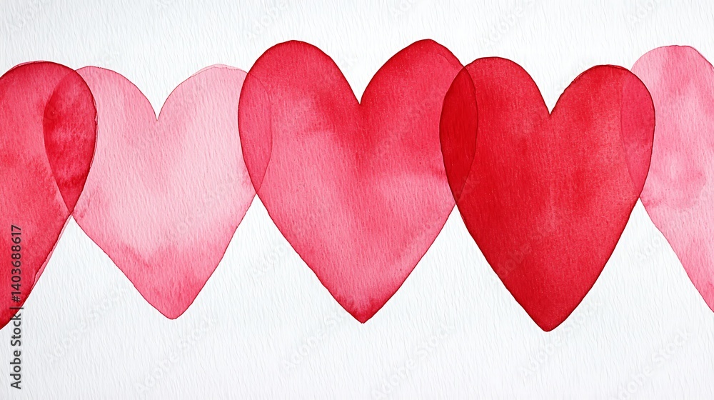 Red Heart Watercolors in a Row on Textured Paper, Hand Painted Gentle Symbolism and Passion for Beautiful Art. Red Heart Watercolors in a Row on Textured Paper, Hand Painted Gentle Symbolism and Passion for Beautiful Art.