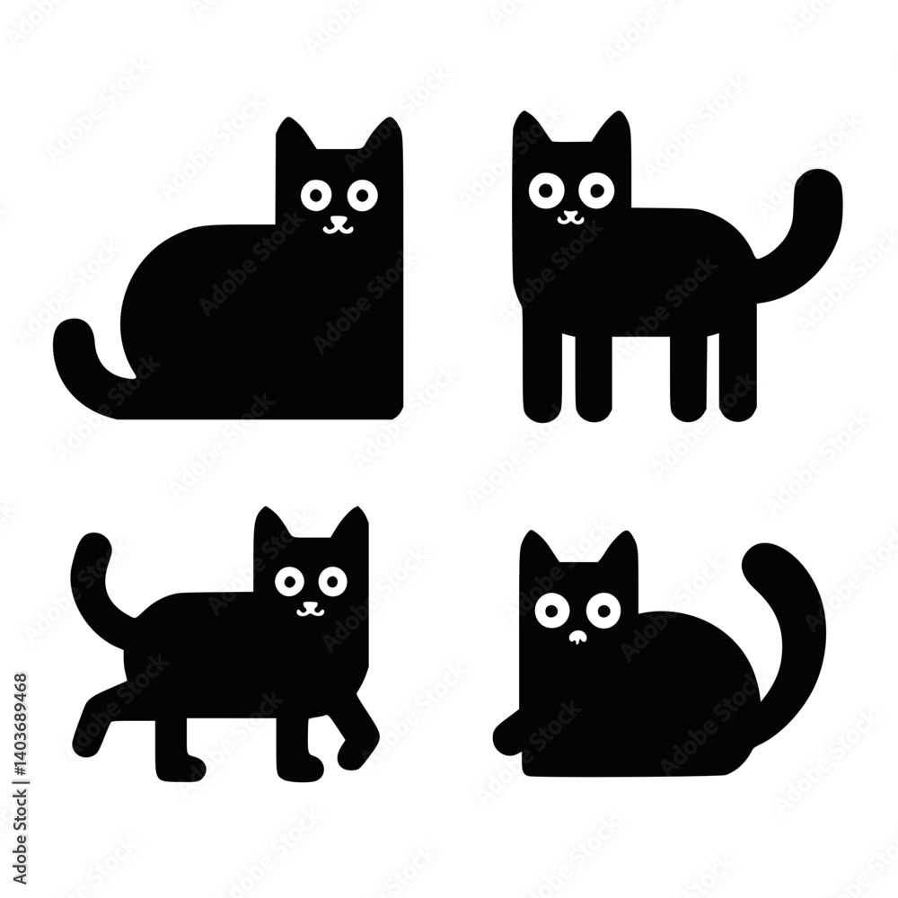 Black Cat Icons in Four Positions Against a White Background Black Cat Icons in Four Positions Against a White Background