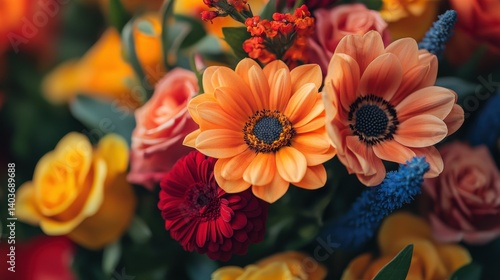 Vibrant bouquet of mixed colorful flowers in full bloom