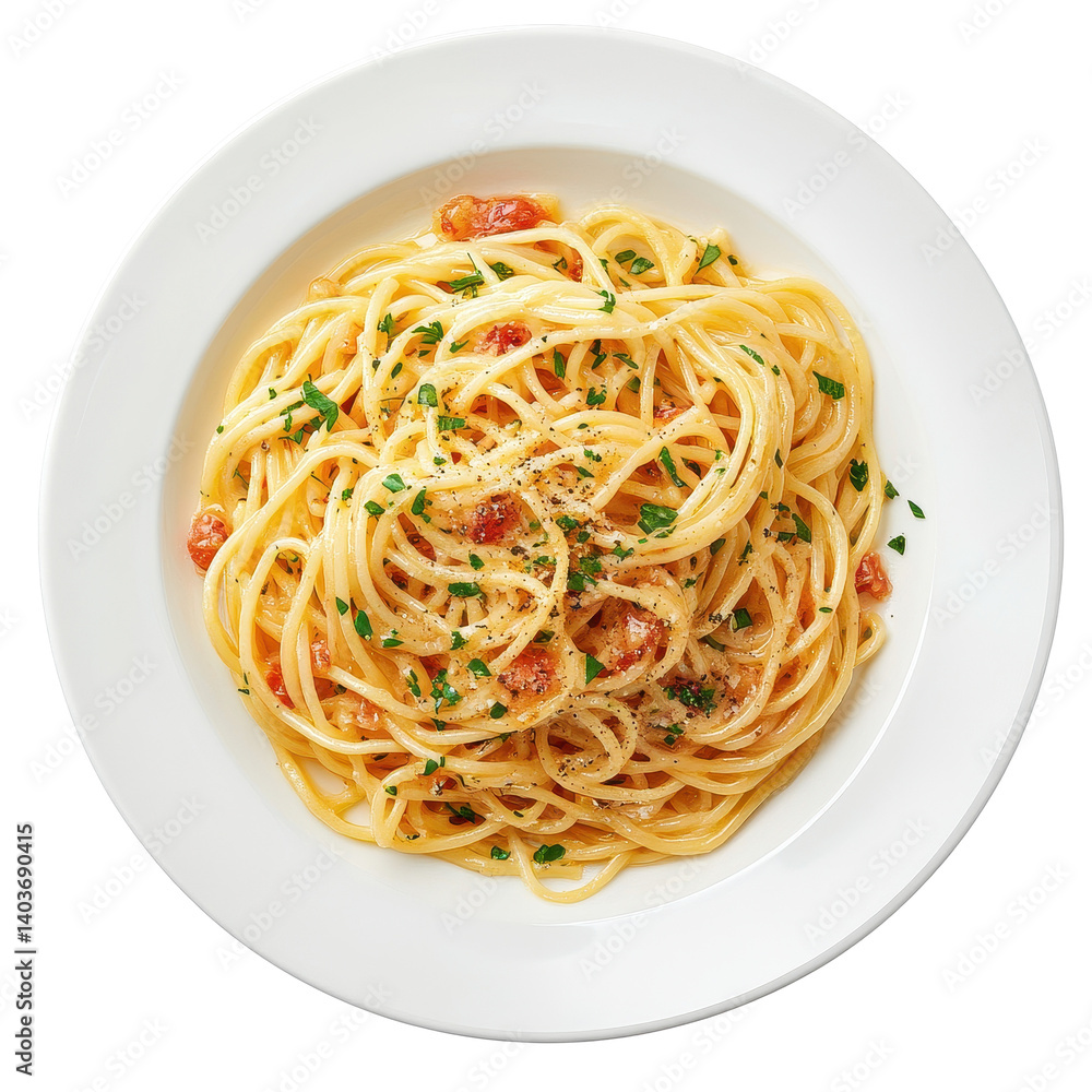 Delicious spaghetti carbonara served on a white plate from a top view, Spaghetti carbonara in white plate top view isolated on Transparent background, PNG background Delicious spaghetti carbonara served on a white plate from a top view, Spaghetti carbonara in white plate top view isolated on Transparent background, PNG background