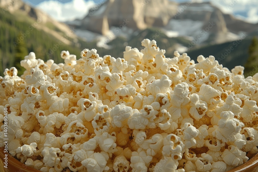 A bowl of popcorn in front of a mountainous landscape A bowl of popcorn in front of a mountainous landscape