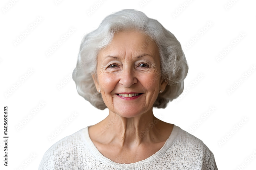 Elderly woman in a white knitted sweater gazing upwards on transparent background Elderly woman in a white knitted sweater gazing upwards on transparent background