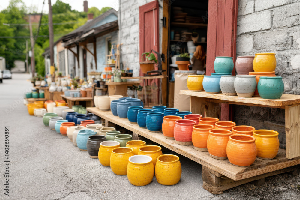 Fototapeta premium Colorful pottery displayed on wooden shelves in a charming outdoor market in the early morning light