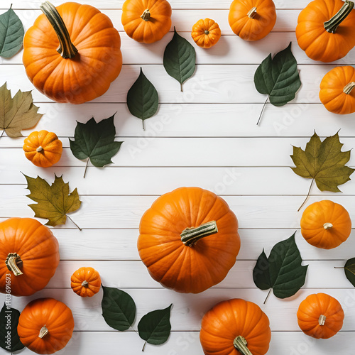 Different sizes pumpkins and dray leaves top view on white wooden background. Autumn holiday decoration.