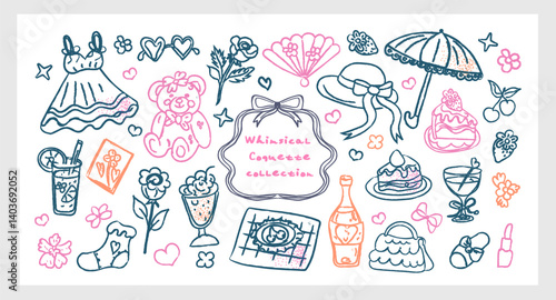 Whimsical Coquette Collection hand drawn vector set line art chalk and charcoal with romantic girly doodles, bows, sweets, flowers, and vintage picnic elements. Cute feminine aesthetic