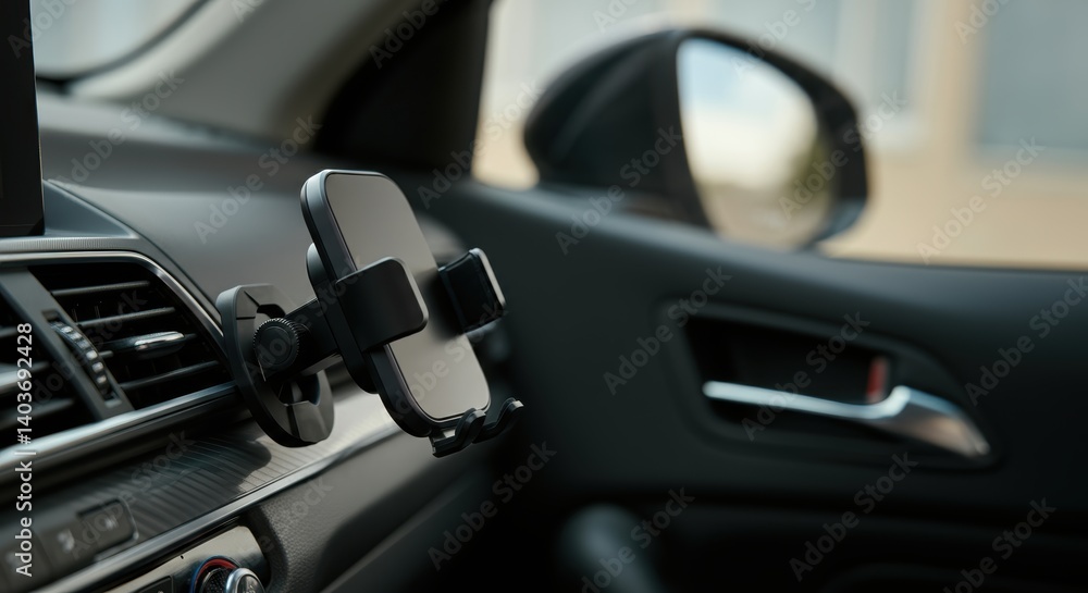 Car dashboard phone mount in vehicle interior close-up Car dashboard phone mount in vehicle interior close-up