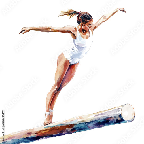 Gymnast Performing On The Balance Beam, vector watercolor illustration, isolated on a white background.