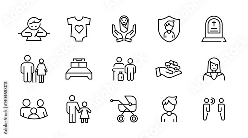 Family relation line icon set. Couple, mother, love, photo album, child, children, adoption outline icon collection. UI thin outline icon pack