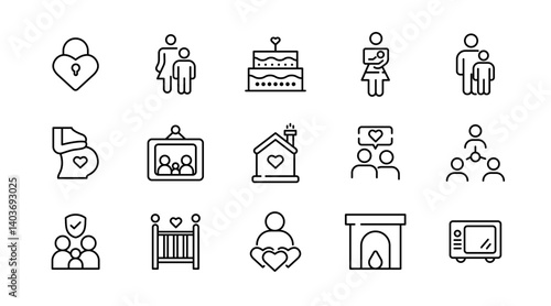 Family relation line icon set. Couple, mother, love, photo album, child, children, adoption outline icon collection. UI thin outline icon pack