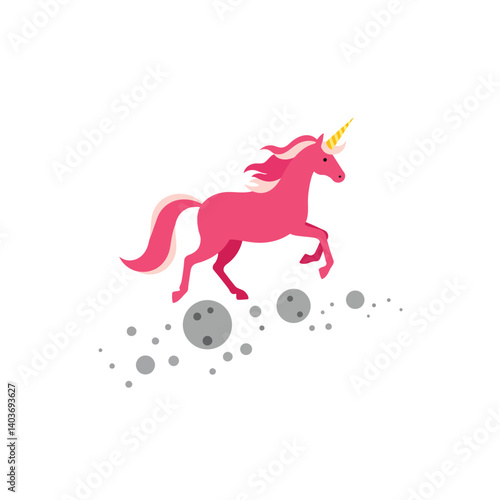 Playful pink unicorn galloping through whimsical shapes in flat vector art