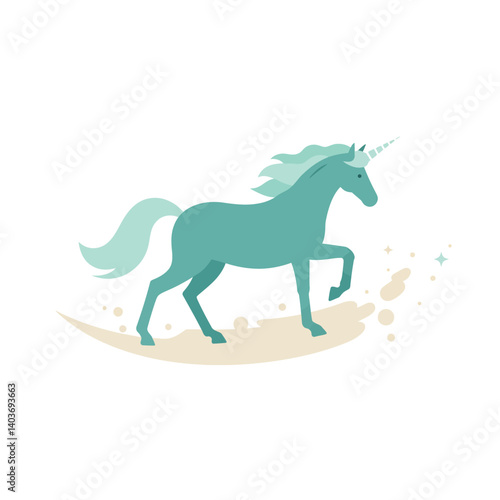 Elegant unicorn prancing gracefully in a minimal style, featuring soft colors and whimsical details, vector art
