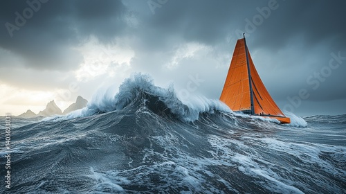 Orange Sailboat Conquering a Stormy Sea
