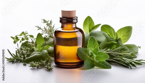 bottle of essential oils surrounded by herbs isolated on white background
