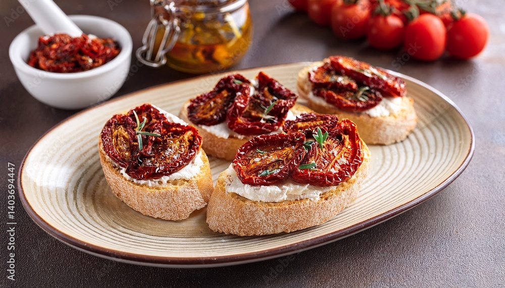 ciabatta spread with cream cheese topped with wedges of dried tomatoes with spices on the table appetizer ciabatta spread with cream cheese topped with wedges of dried tomatoes with spices on the table appetizer