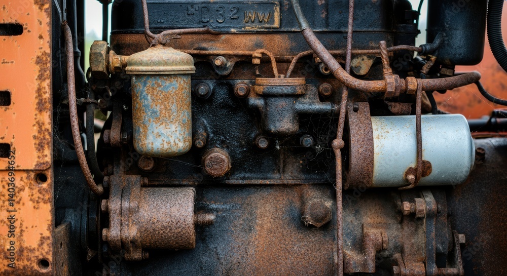 Rusty industrial machine engine with pipes and bolts close-up Rusty industrial machine engine with pipes and bolts close-up